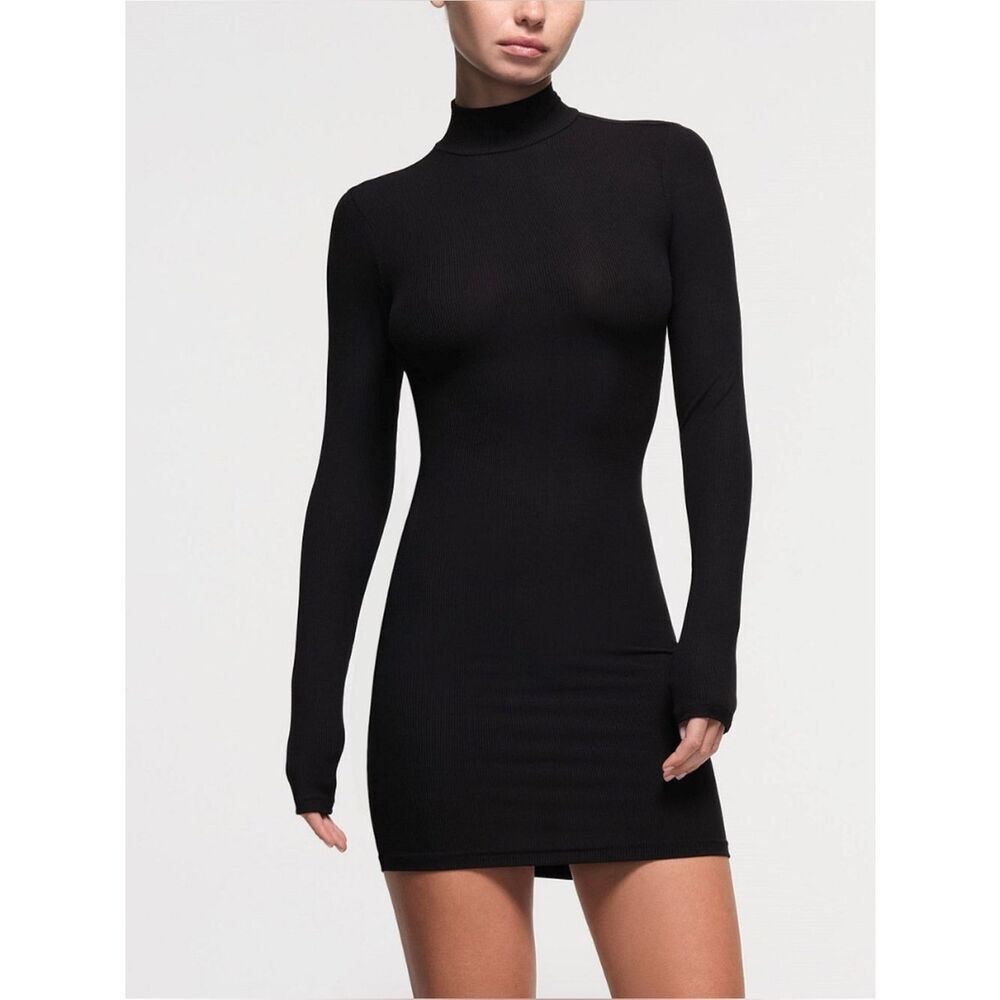 SKIMS Soft Lounge Turtleneck Long Sleeve Minidress in Black Size M ~ Pristine